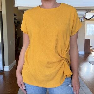 European Lagenlook Minimalist Twist Front Crepe Mustard Top Medium